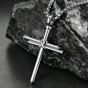Men’s Silver Stainless Steel Nail Cross Necklace Statement Christian Faith Gift